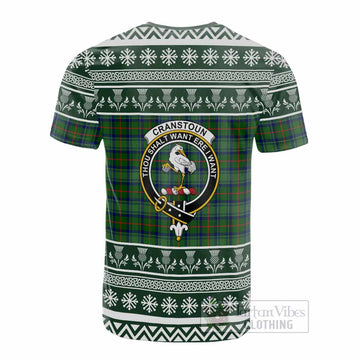 Cranstoun (Cranston) Clan Tartan Christmas Cotton T-shirt with Family Crest