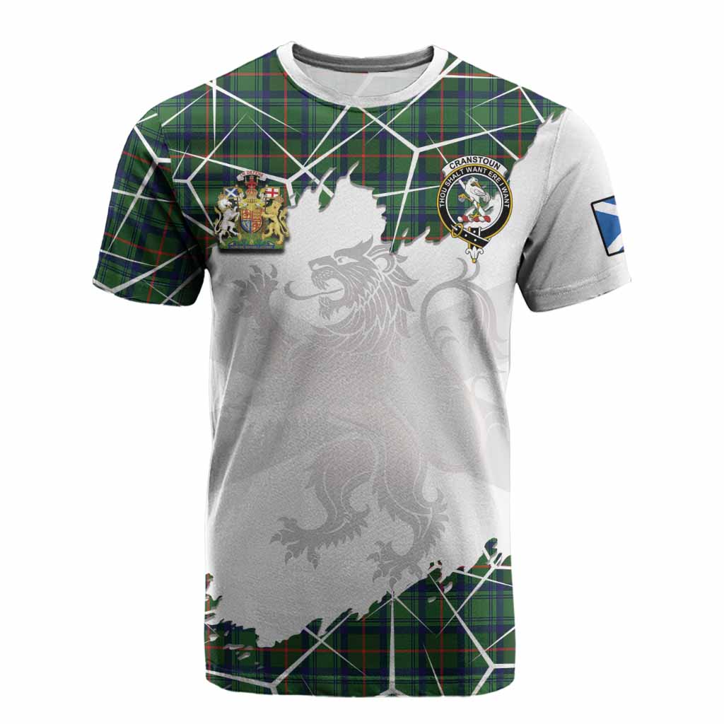 Cranstoun (Cranston) Tartan Cotton T-shirt with Family Crest and Lion Rampant Grunge Style