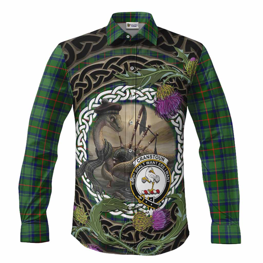 Cranstoun (Cranston) Tartan Crest Bagpipe Nessie Long Sleeve Button Shirts Scottish Loch Ness Monster Celtic Thistle