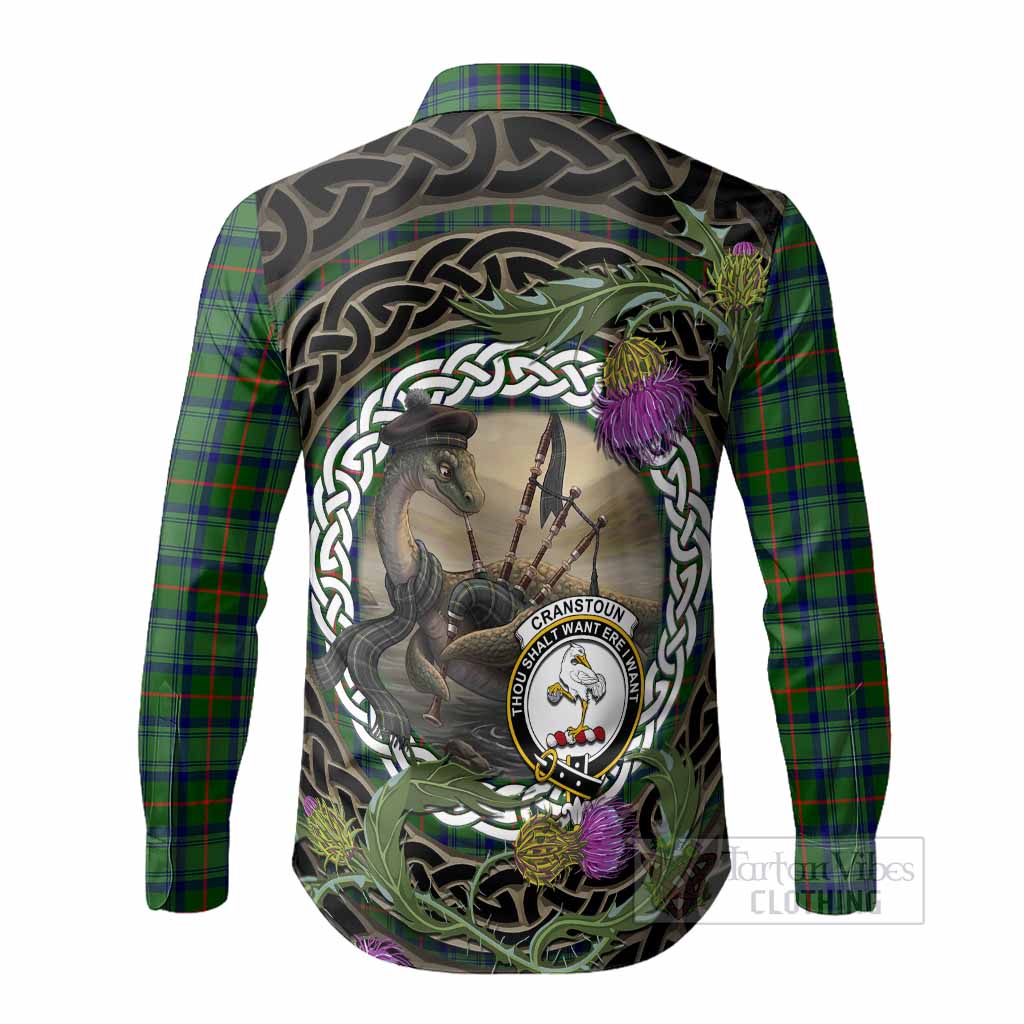 Cranstoun (Cranston) Tartan Crest Bagpipe Nessie Long Sleeve Button Shirts Scottish Loch Ness Monster Celtic Thistle