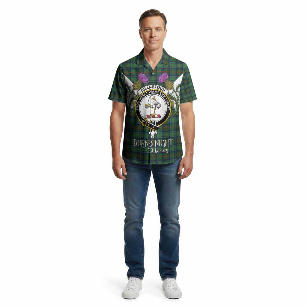 Cranstoun (Cranston) Tartan Family Crest Cotton Hawaiian Shirt Scottish Burns Night Thistle Floral