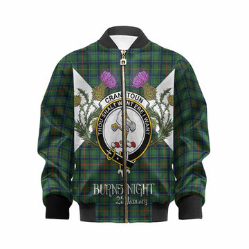 Cranstoun (Cranston) Tartan Family Crest Kid Bomber Jacket Scottish Burns Night Thistle Floral