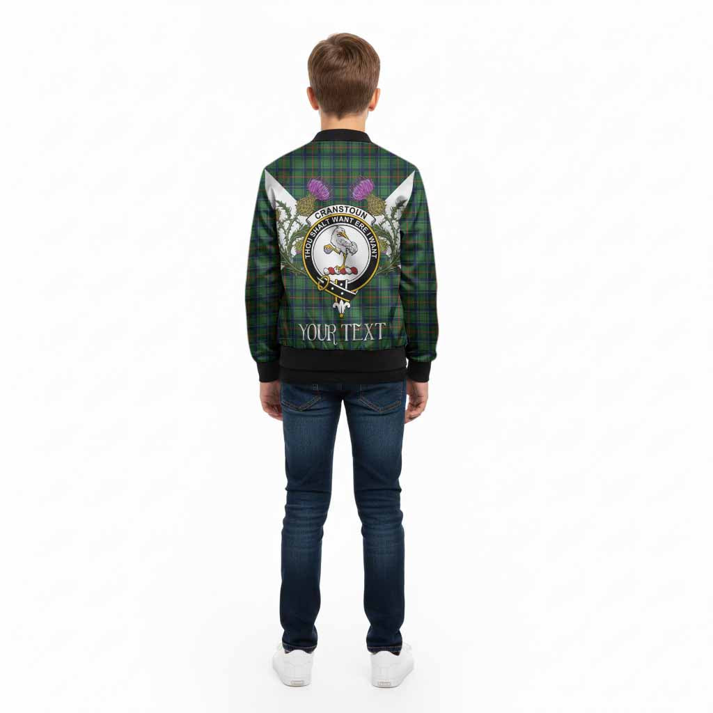 Cranstoun (Cranston) Tartan Family Crest Kid Bomber Jacket Scottish Burns Night Thistle Floral