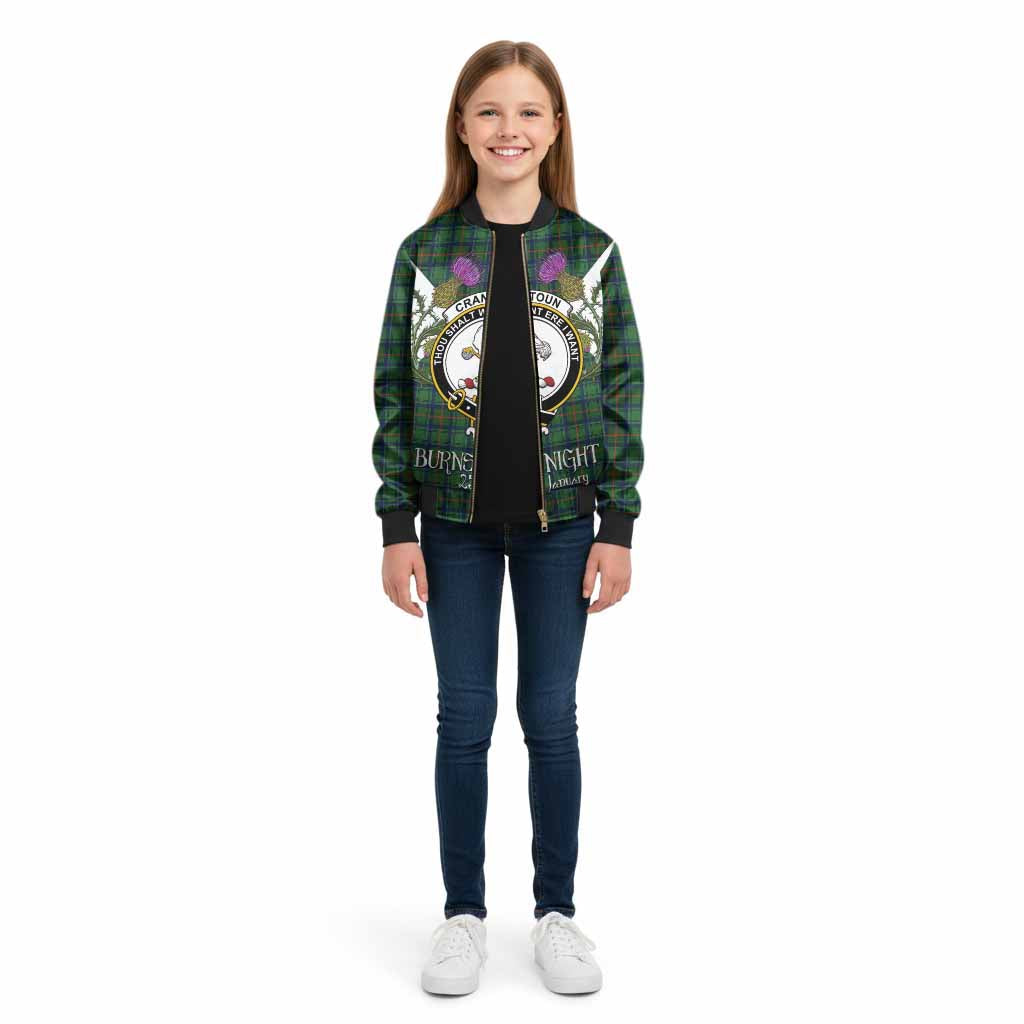 Cranstoun (Cranston) Tartan Family Crest Kid Bomber Jacket Scottish Burns Night Thistle Floral