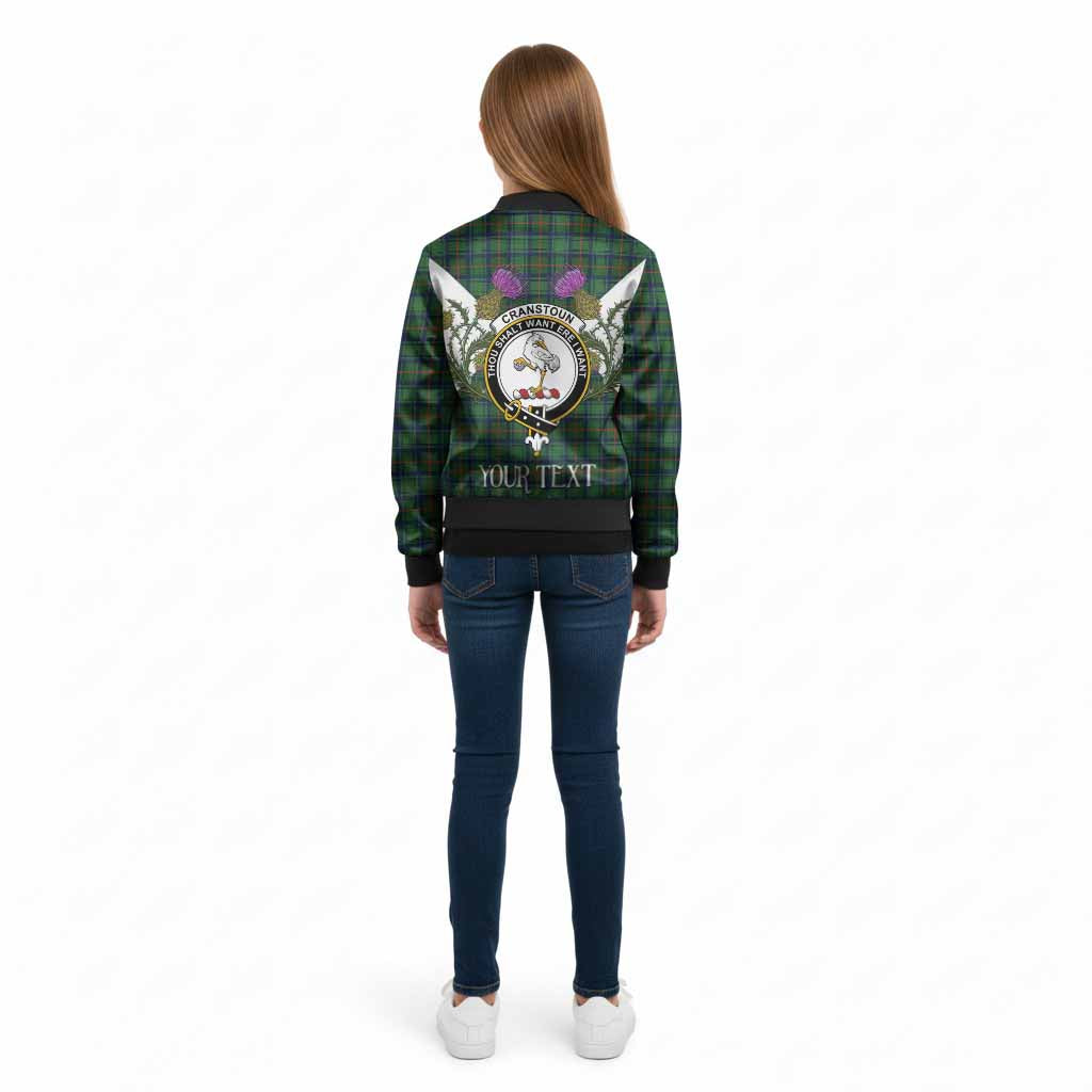 Cranstoun (Cranston) Tartan Family Crest Kid Bomber Jacket Scottish Burns Night Thistle Floral