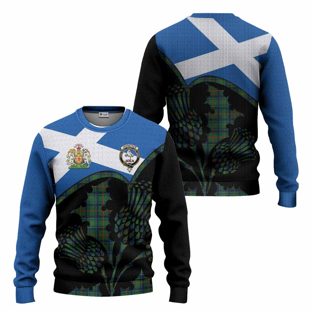 Cranstoun (Cranston) Tartan Family Crest Knitted Sweater Scotland Thistle Floral Flag Style