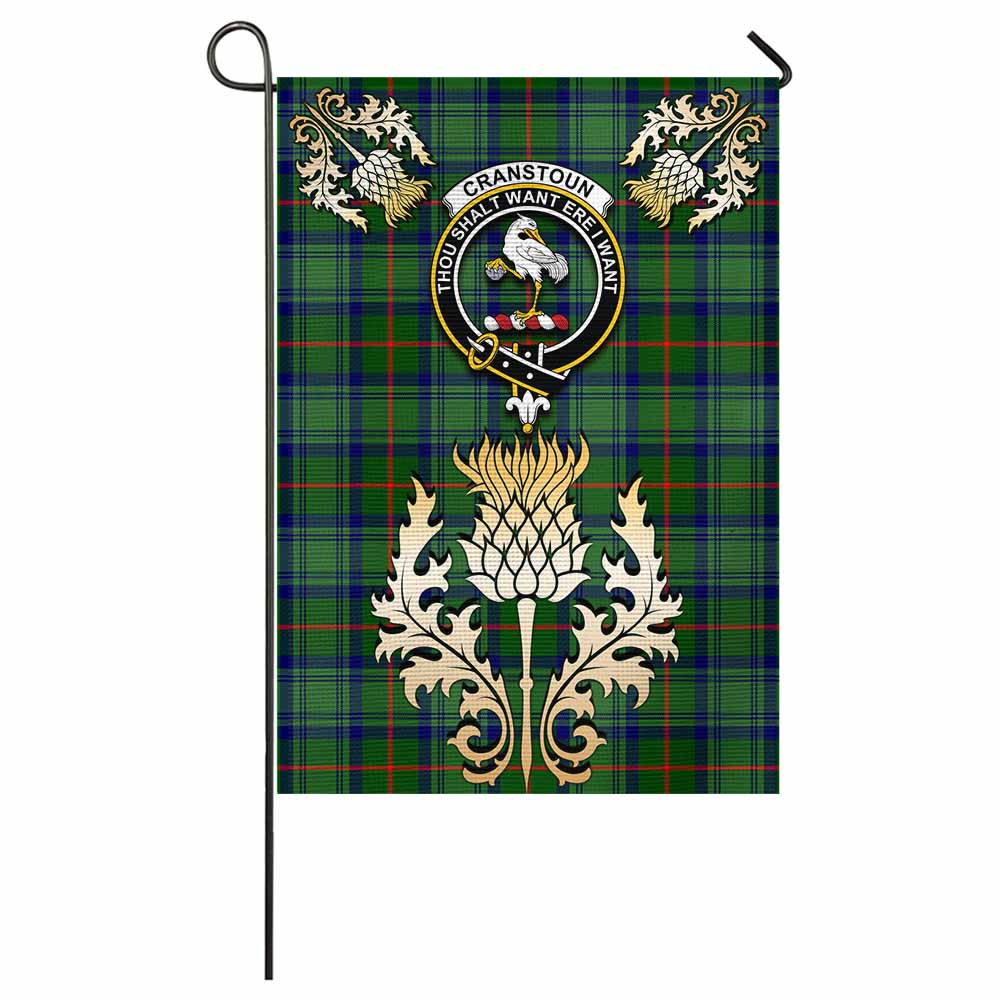 Cranstoun (Cranston) Tartan Garden Flag with Golden Regal Scottish Thistle Emblem - Tartan Vibes Clothing