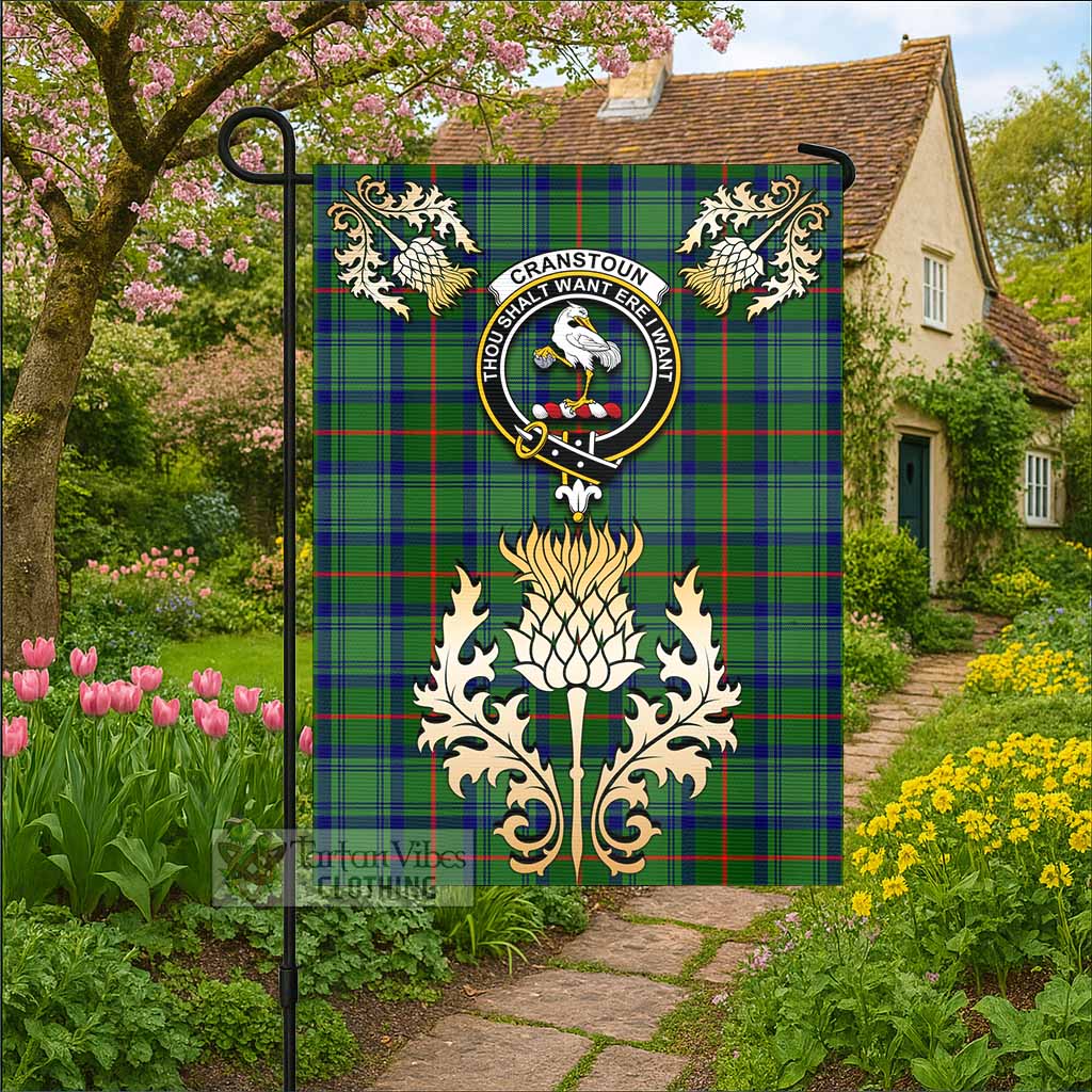 Cranstoun (Cranston) Tartan Garden Flag with Golden Regal Scottish Thistle Emblem - Tartan Vibes Clothing