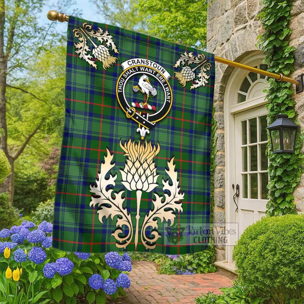 Cranstoun (Cranston) Tartan Garden Flag with Golden Regal Scottish Thistle Emblem - Tartan Vibes Clothing