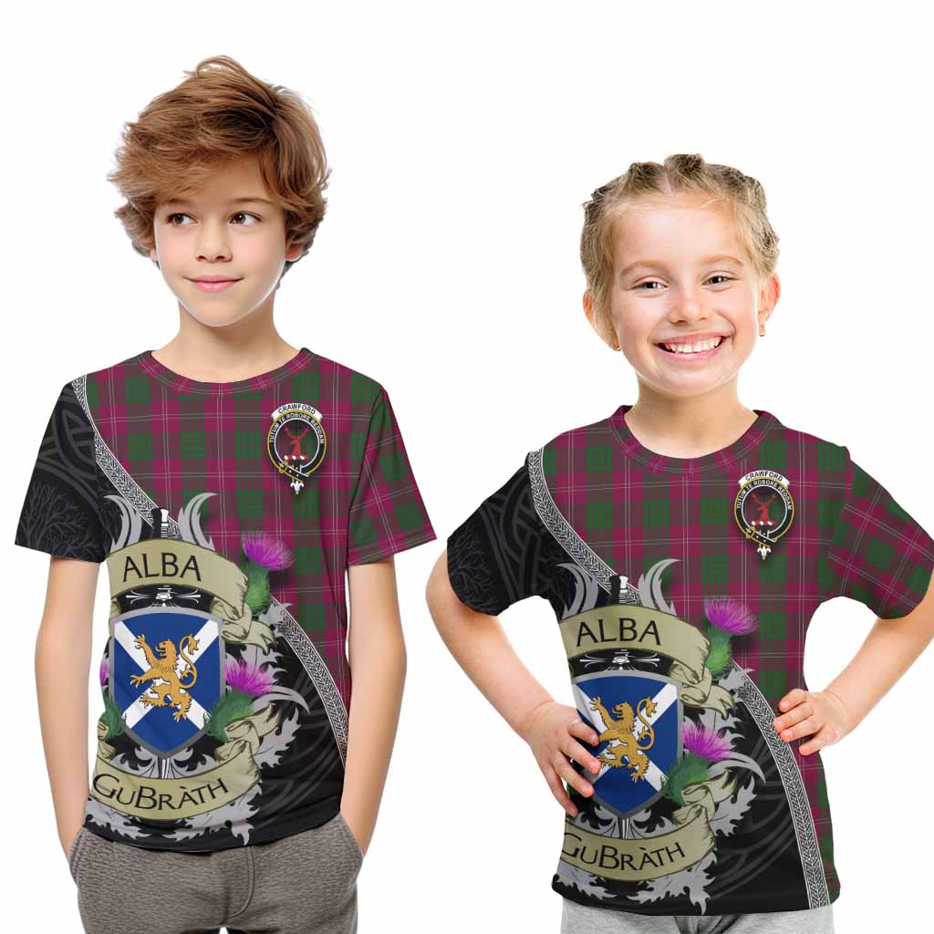 Tartan Vibes Clothing Crawford Tartan Family Crest Kid T-Shirt Lion Rampant Royal Thistle Shield Celtic Inspired