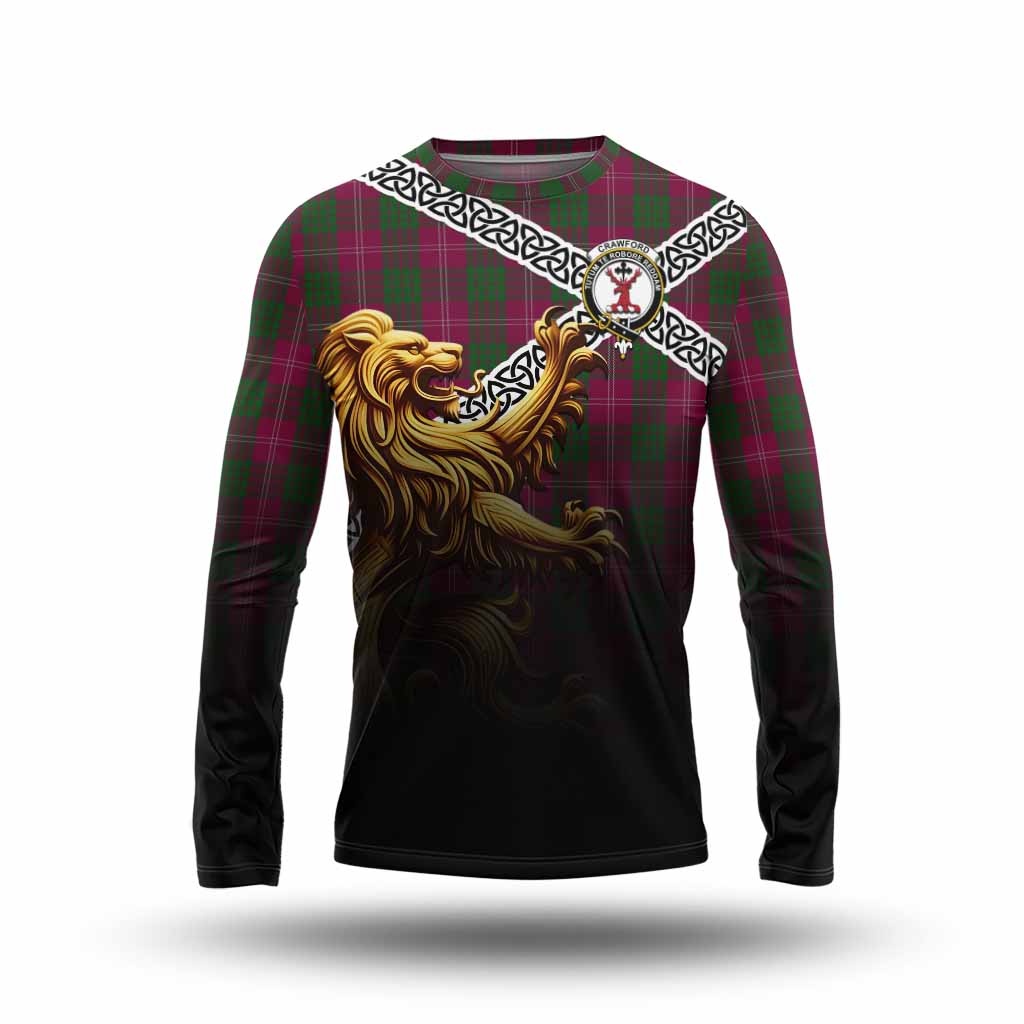 Tartan Vibes Clothing Crawford Crest Tartan Long Sleeve T-Shirt with Golden Lion Emblem Celtic Style