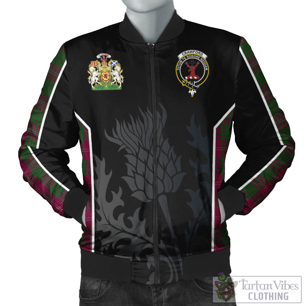 Tartan Vibes Clothing Crawford Tartan Bomber Jacket with Family Crest and Scottish Thistle Vibes Sport Style