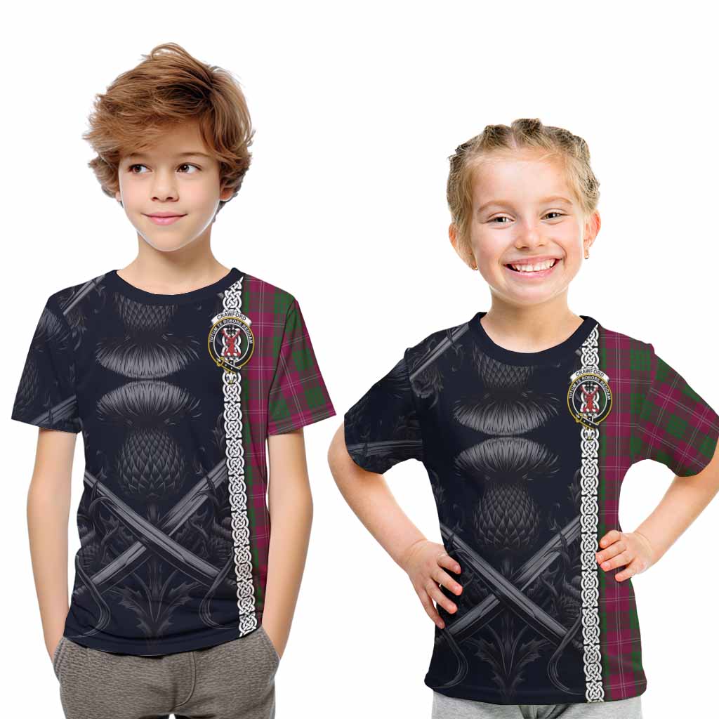 Tartan Vibes Clothing Crawford Tartan Kid T-Shirt with Family Crest Cross Sword Thistle Celtic Vibes