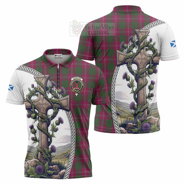 Tartan Vibes Clothing Crawford Tartan Zipper Polo Shirt with Family Crest and St. Andrew's Cross Accented by Thistle Vines
