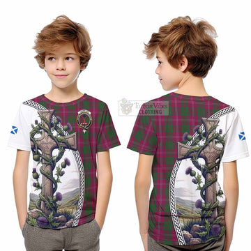 Tartan Vibes Clothing Crawford Tartan Kid T-Shirt with Family Crest and St. Andrew's Cross Accented by Thistle Vines