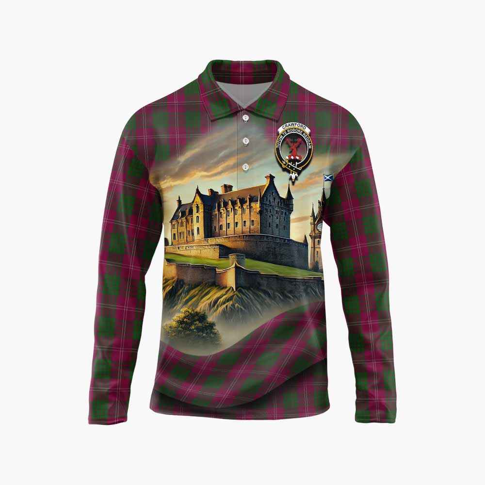 Tartan Vibes Clothing Crawford Tartan Family Crest Long Sleeve Polo Shirt with Scottish Ancient Castle Style