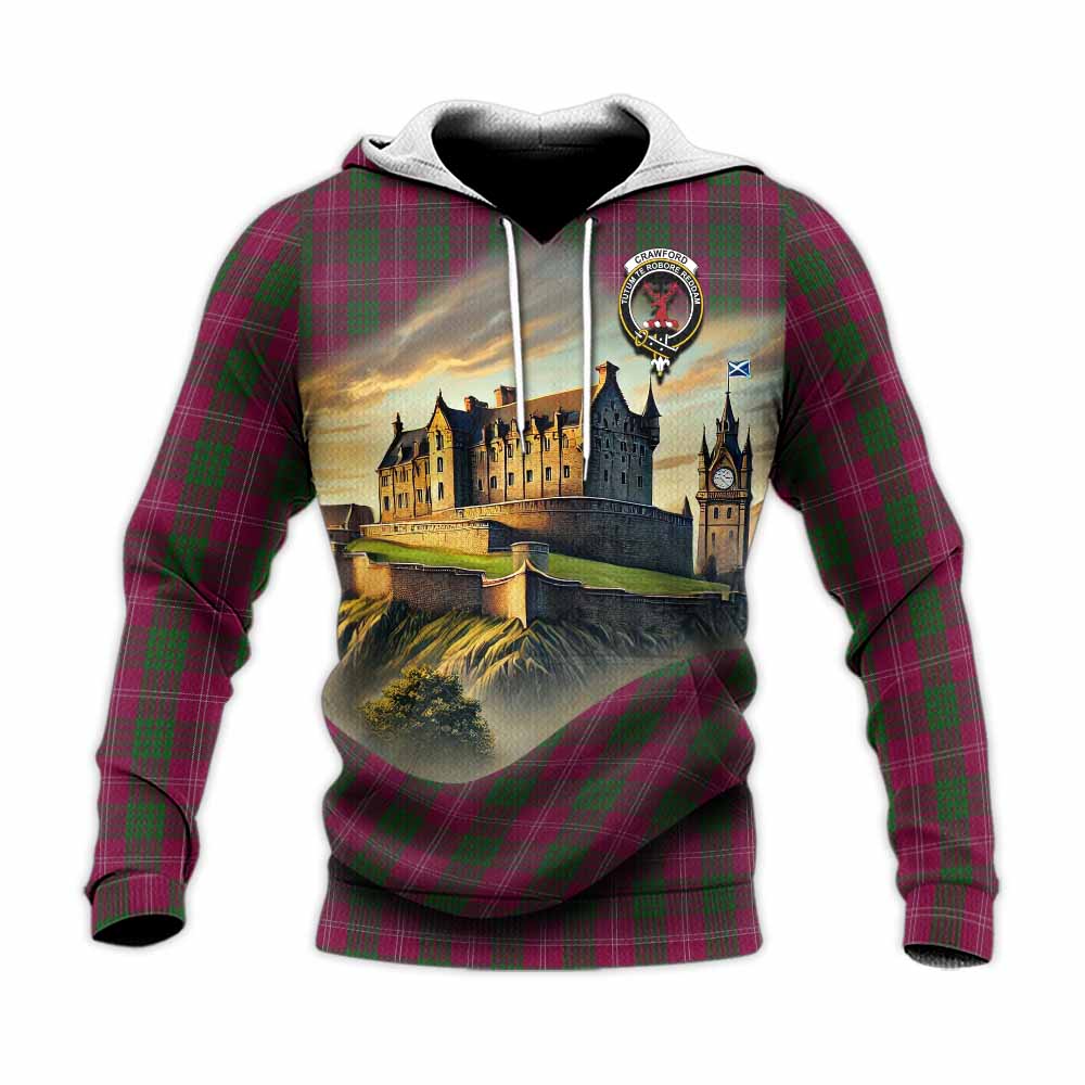 Tartan Vibes Clothing Crawford Tartan Family Crest Knitted Hoodie with Scottish Ancient Castle Style