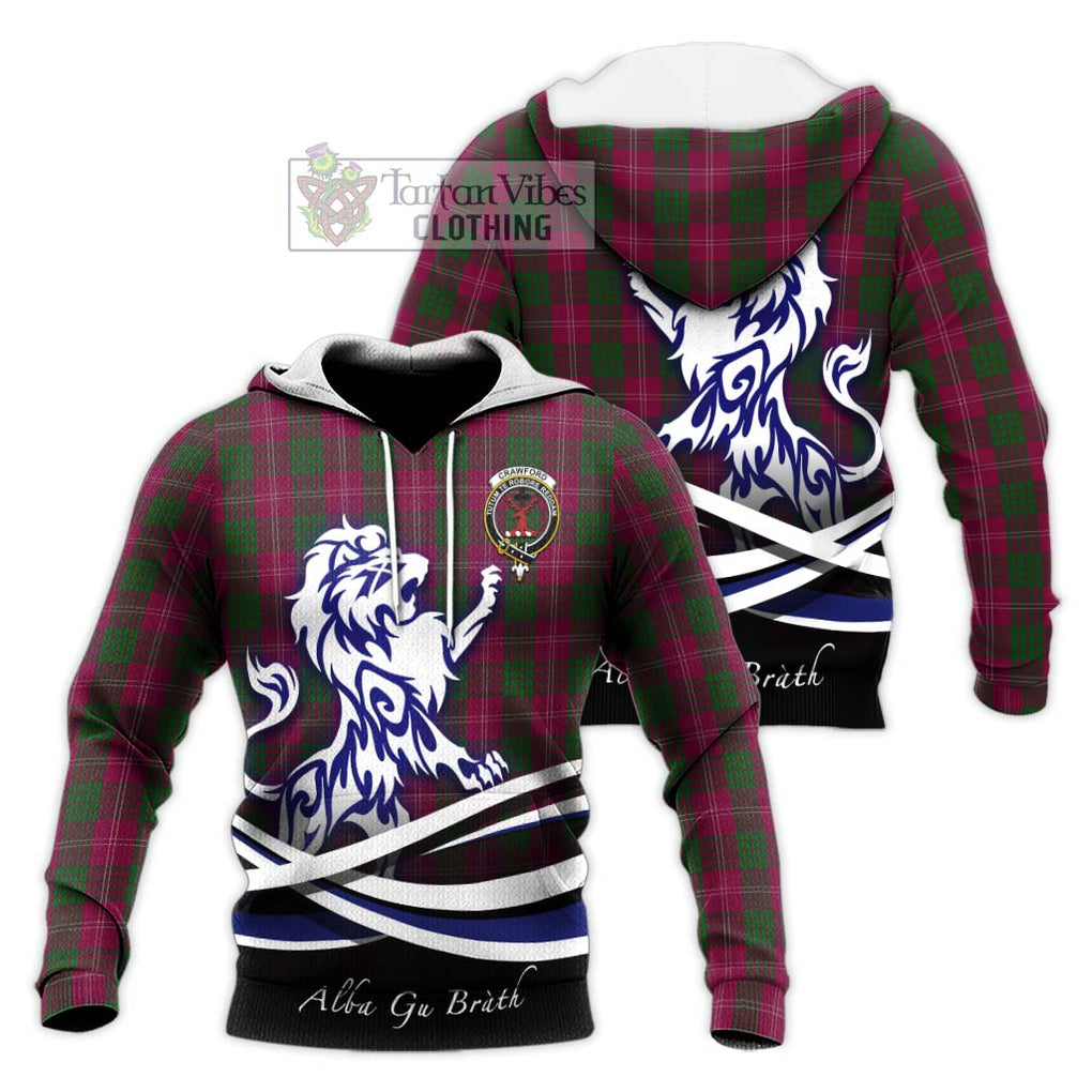 Crawford Tartan Knitted Hoodie with Alba Gu Brath Regal Lion Emblem Unisex Knitted Pullover Hoodie - Tartanvibesclothing Shop