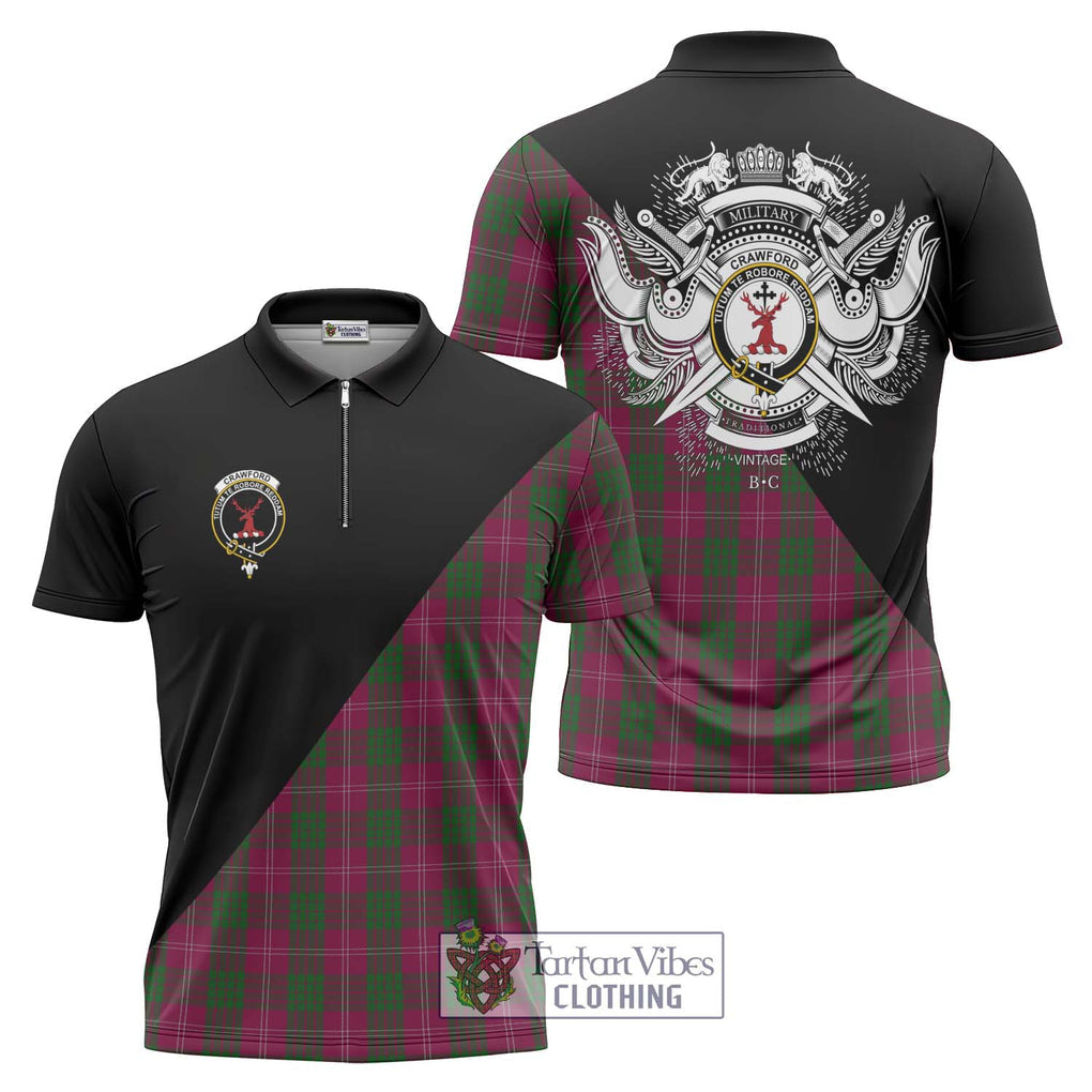 Crawford Tartan Zipper Polo Shirt with Family Crest and Military Logo Style Unisex - Tartanvibesclothing Shop
