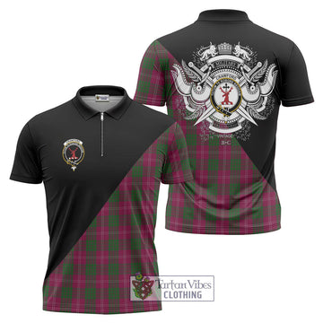 Crawford Tartan Zipper Polo Shirt with Family Crest and Military Logo Style Unisex - Tartanvibesclothing Shop