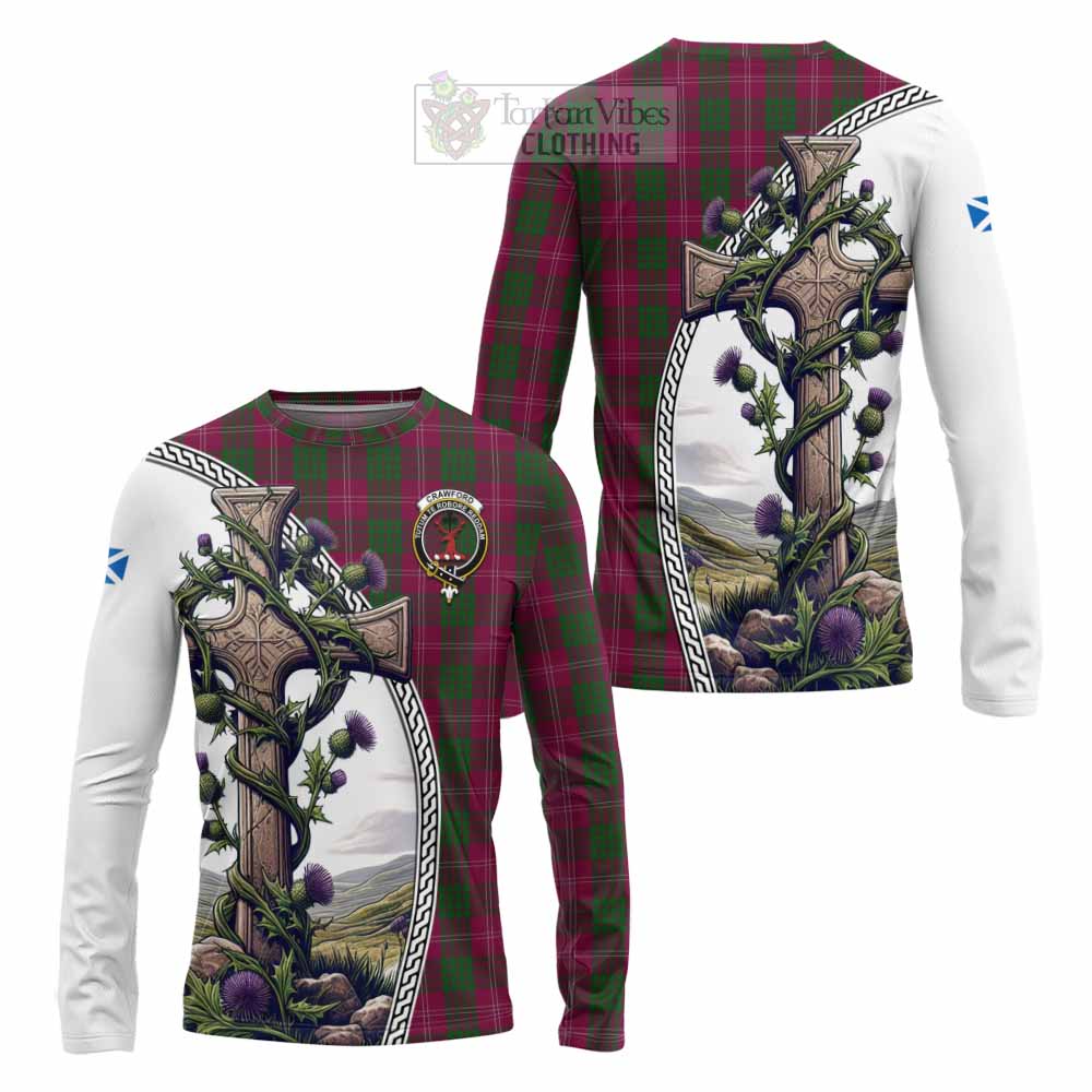 Tartan Vibes Clothing Crawford Tartan Long Sleeve T-Shirt with Family Crest and St. Andrew's Cross Accented by Thistle Vines