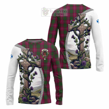 Tartan Vibes Clothing Crawford Tartan Long Sleeve T-Shirt with Family Crest and St. Andrew's Cross Accented by Thistle Vines