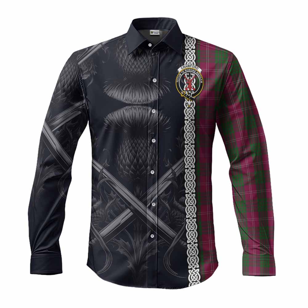 Tartan Vibes Clothing Crawford Tartan Long Sleeve Button Shirt with Family Crest Cross Sword Thistle Celtic Vibes