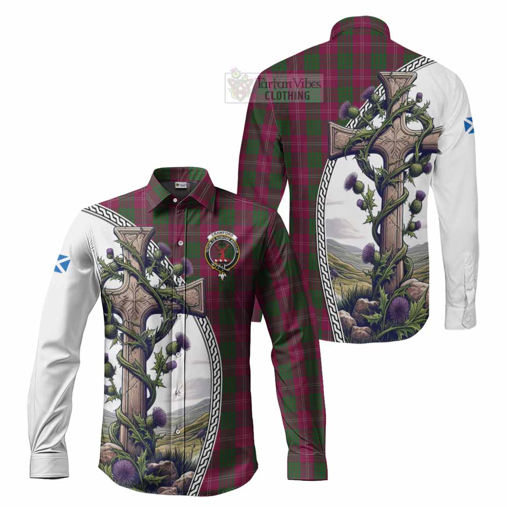 Tartan Vibes Clothing Crawford Tartan Long Sleeve Button Shirt with Family Crest and St. Andrew's Cross Accented by Thistle Vines