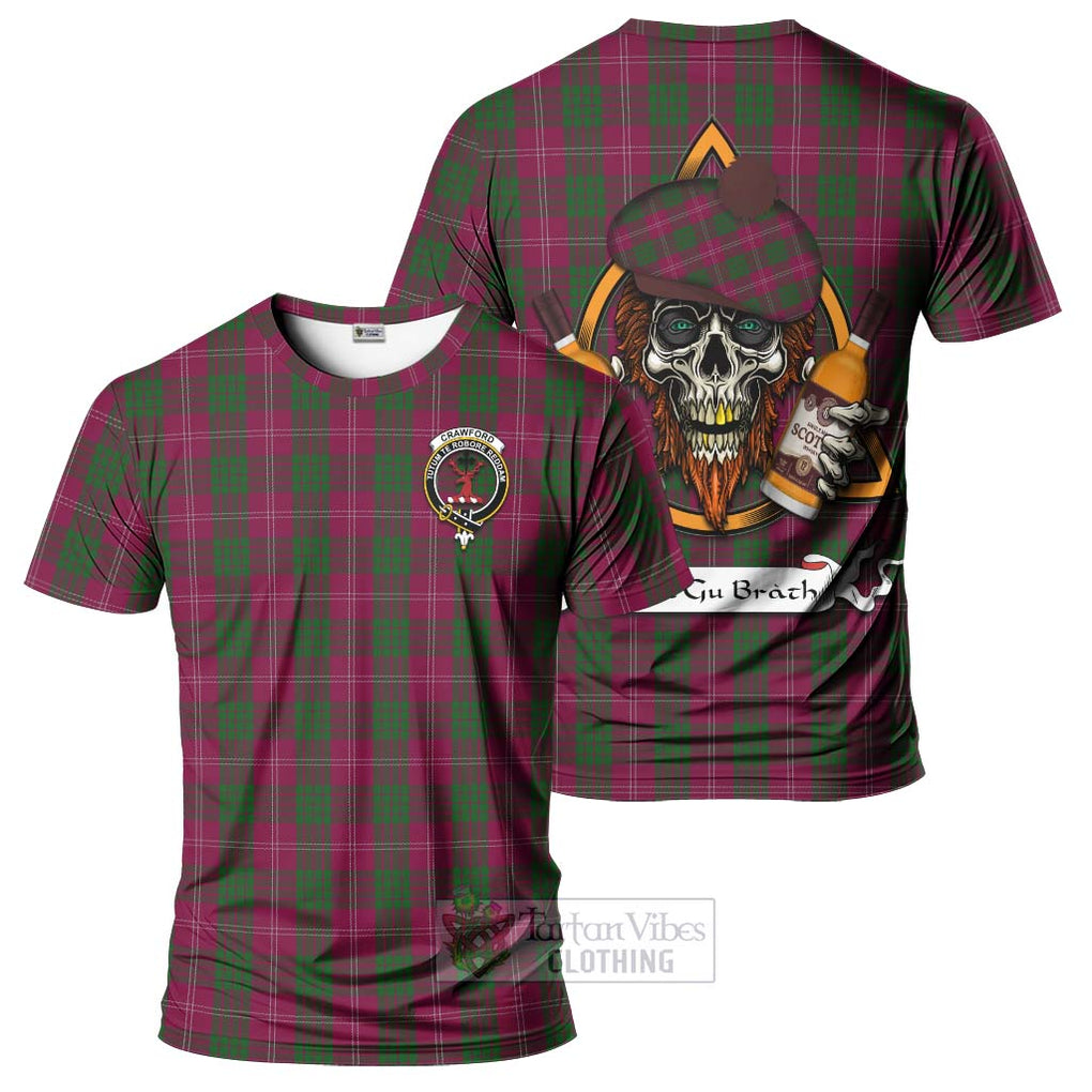 Tartan Vibes Clothing Crawford Tartan T-Shirt with Family Crest and Bearded Skull Holding Bottles of Whiskey