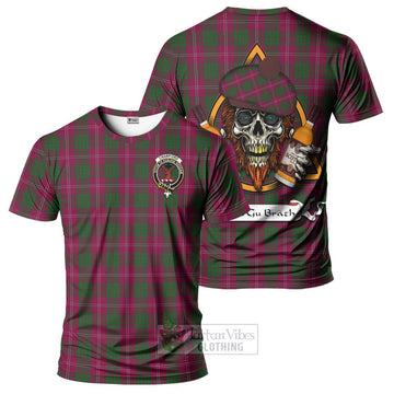 Tartan Vibes Clothing Crawford Tartan T-Shirt with Family Crest and Bearded Skull Holding Bottles of Whiskey