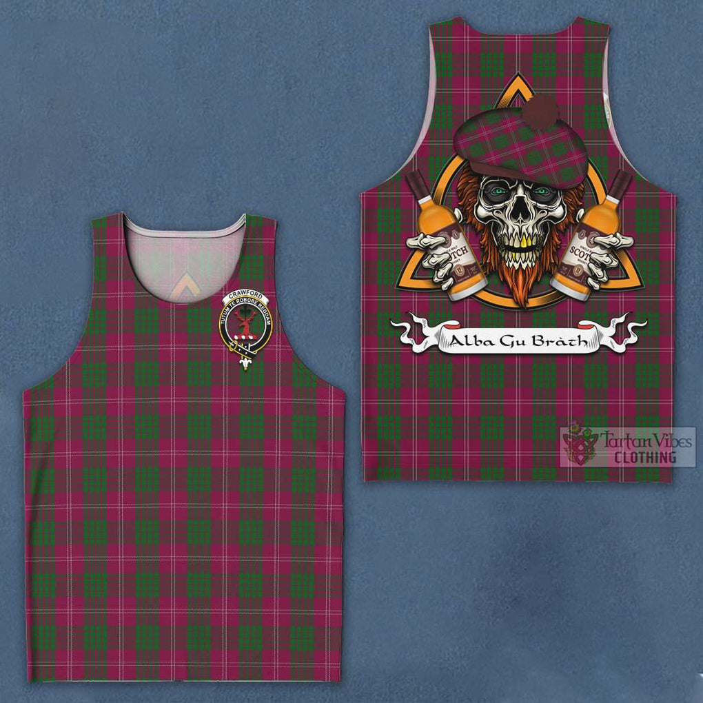Tartan Vibes Clothing Crawford Tartan Men's Tank Top with Family Crest and Bearded Skull Holding Bottles of Whiskey