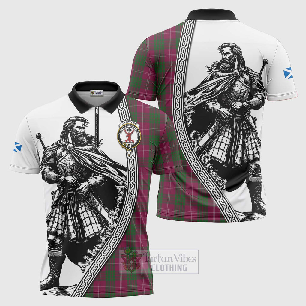 Tartan Vibes Clothing Crawford Tartan Clan Crest Zipper Polo Shirt with Highlander Warrior Celtic Style