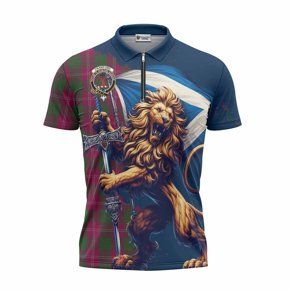 Tartan Vibes Clothing Crawford Tartan Family Crest Zipper Polo Shirt with Scottish Majestic Lion