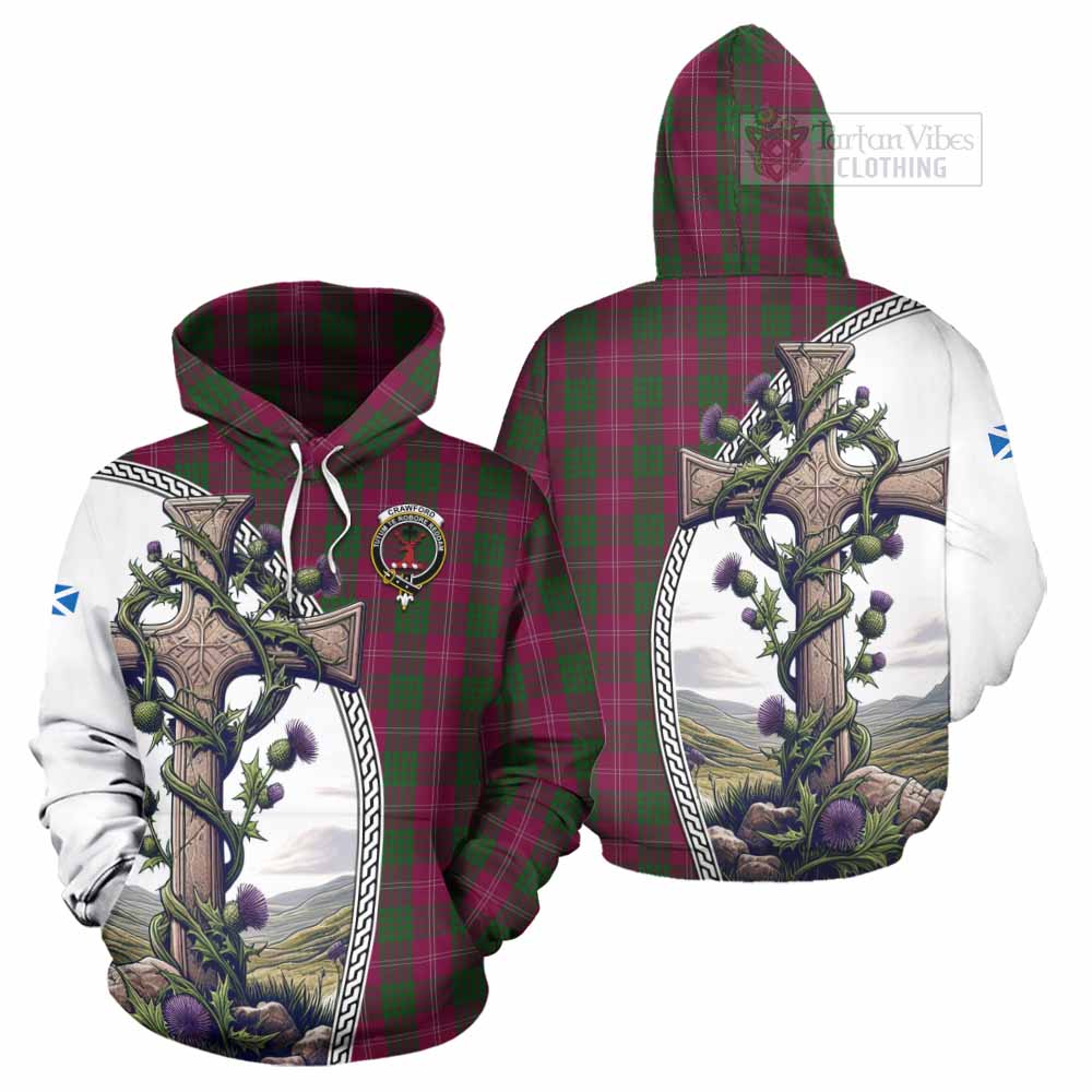 Tartan Vibes Clothing Crawford Tartan Hoodie with Family Crest and St. Andrew's Cross Accented by Thistle Vines