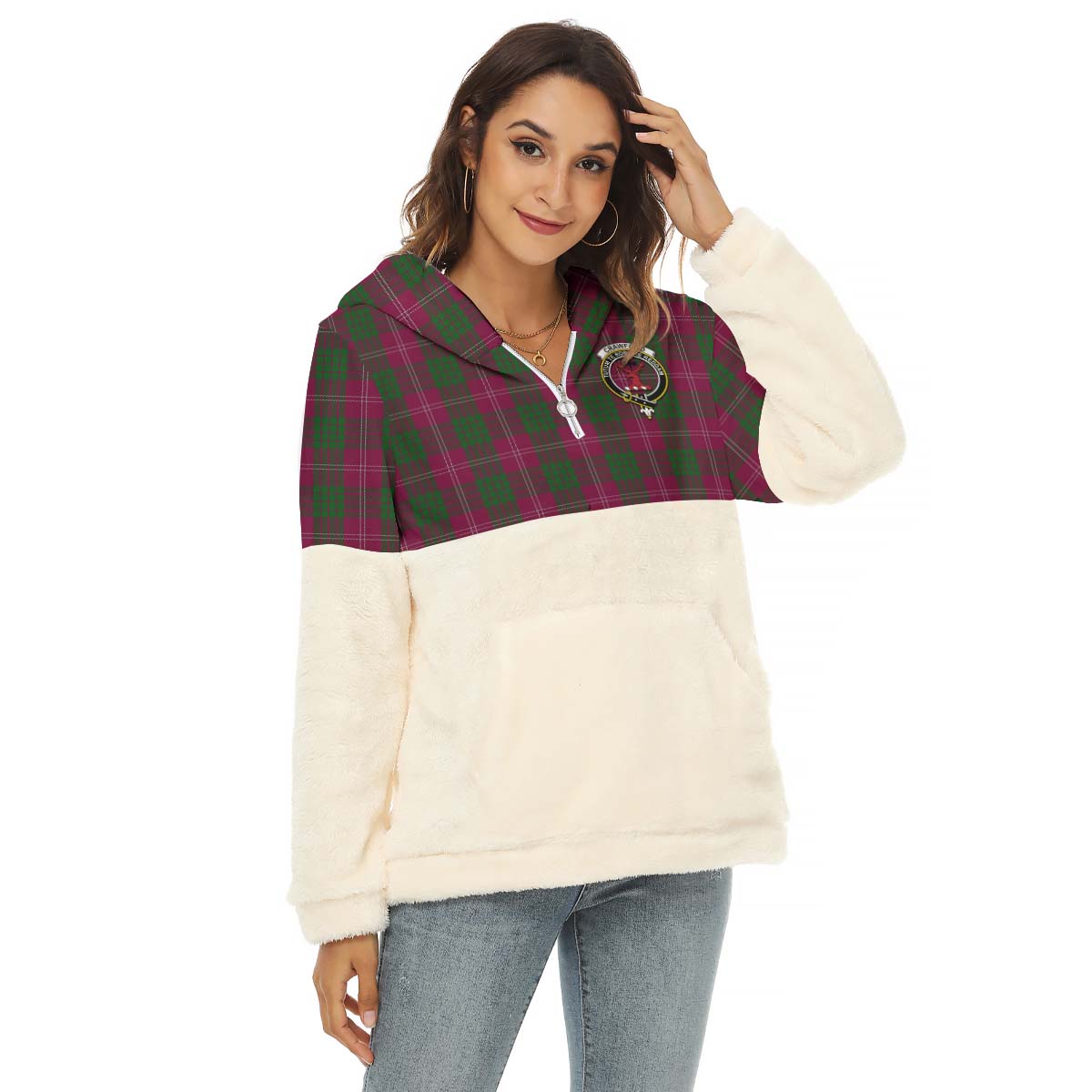Crawford Tartan Women's Borg Fleece Hoodie With Half Zip with Family Crest Female - Tartan Vibes Clothing