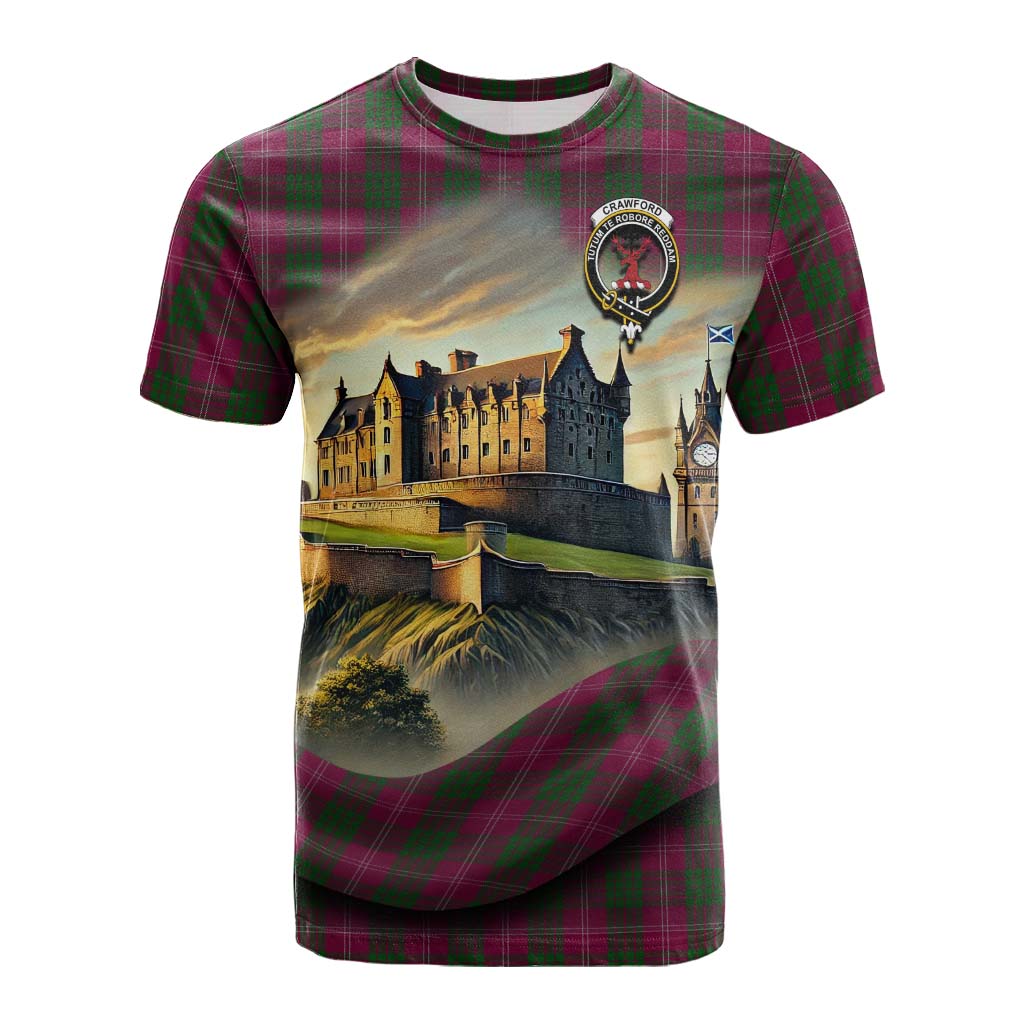 Tartan Vibes Clothing Crawford Tartan Family Crest Cotton T-shirt with Scottish Ancient Castle Style