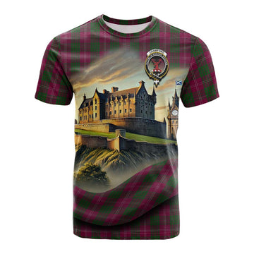 Crawford Tartan Family Crest Cotton T-shirt with Scottish Ancient Castle Style