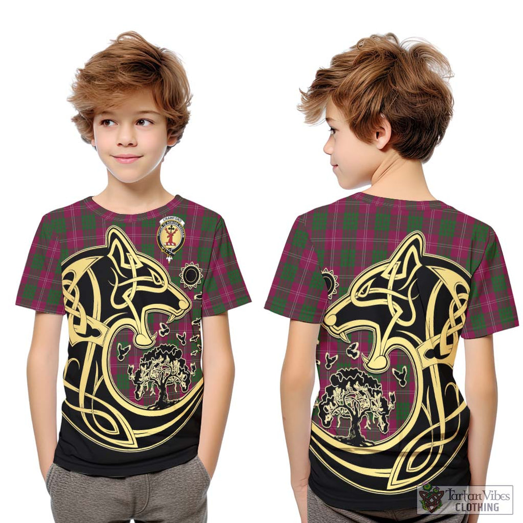 Crawford Tartan Kid T-Shirt with Family Crest Celtic Wolf Style Youth XL Size14 - Tartan Vibes Clothing