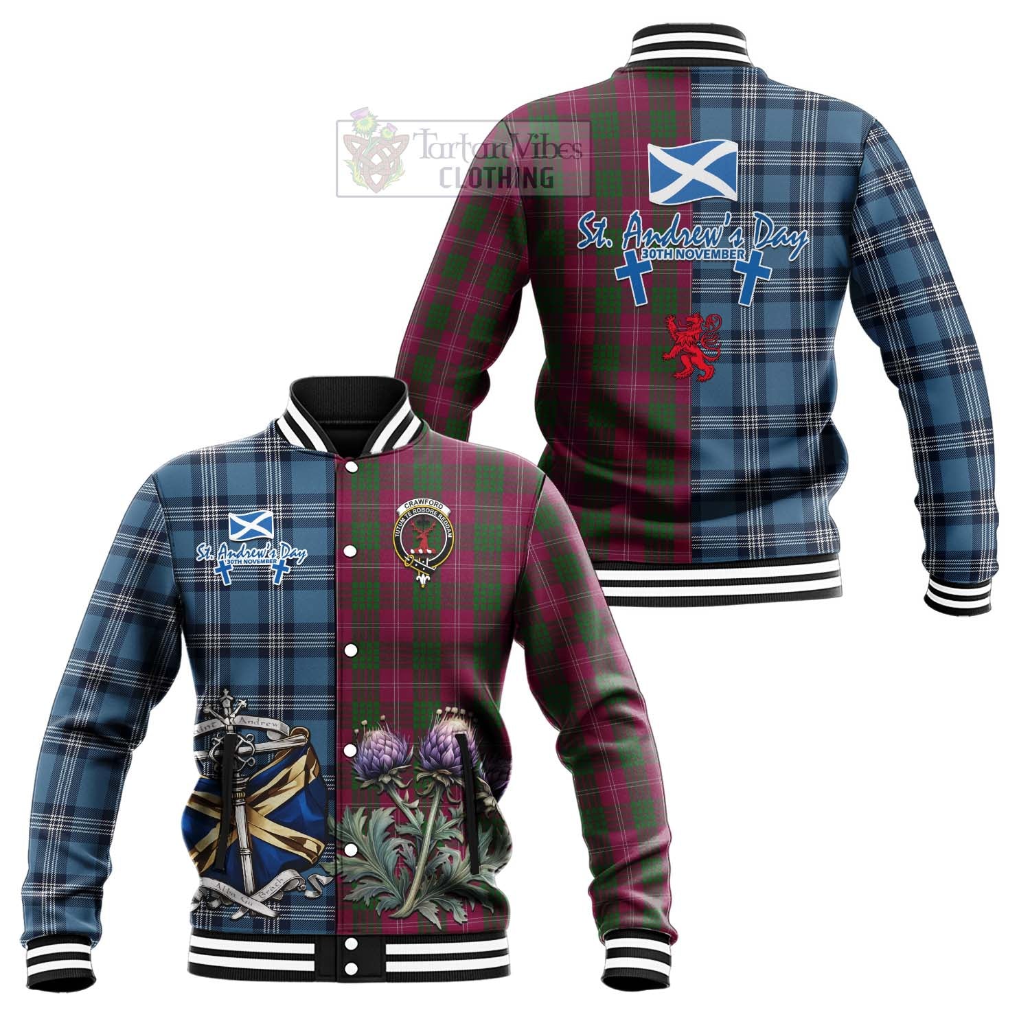 Crawford Tartan Baseball Jacket Happy St. Andrew's Day Half Tartan Style Unisex - Tartan Vibes Clothing
