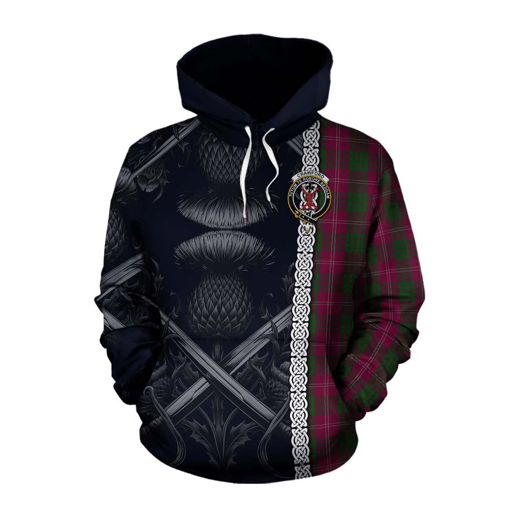 Tartan Vibes Clothing Crawford Tartan Cotton Hoodie with Family Crest Cross Sword Thistle Celtic Vibes