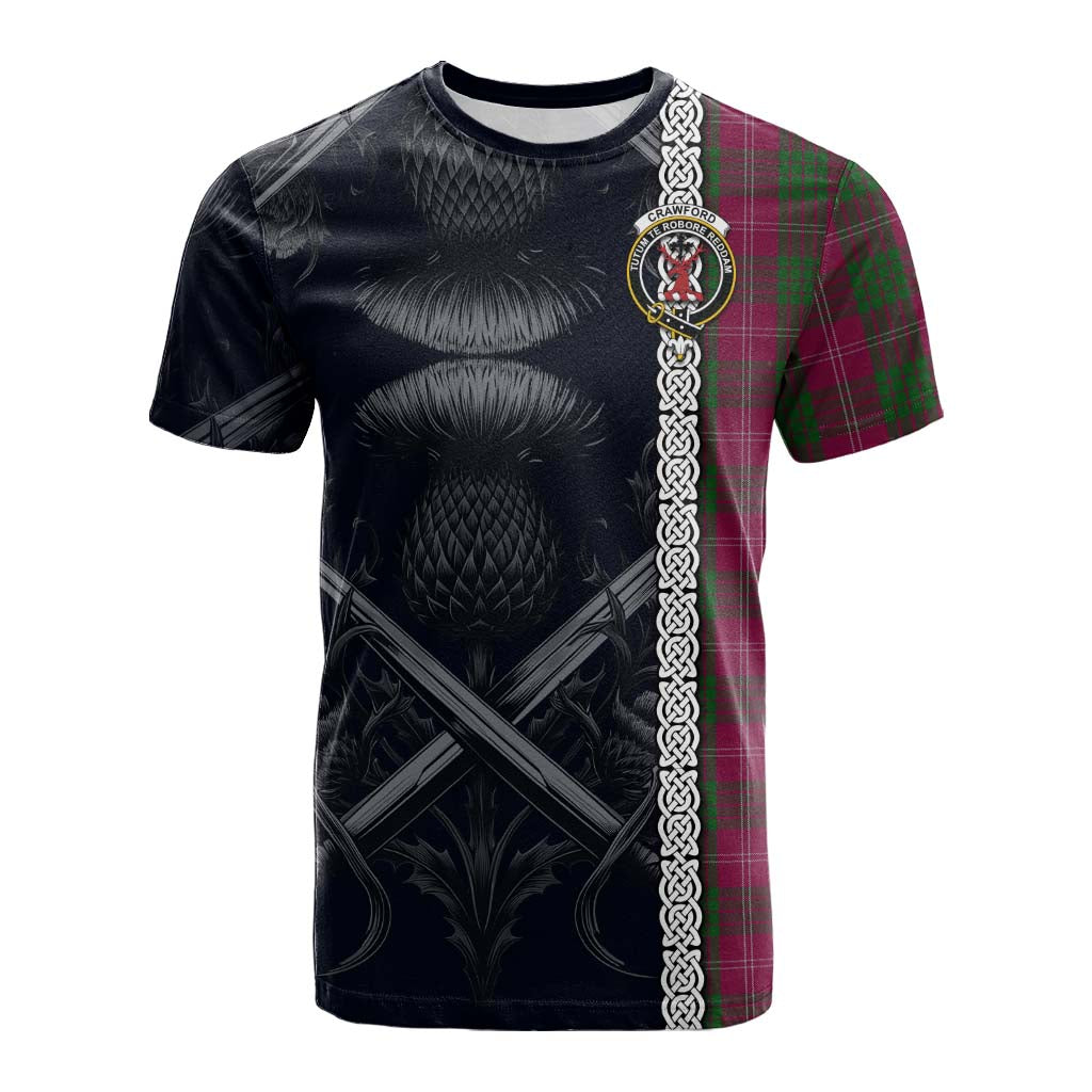 Tartan Vibes Clothing Crawford Tartan Cotton T-shirt with Family Crest Cross Sword Thistle Celtic Vibes
