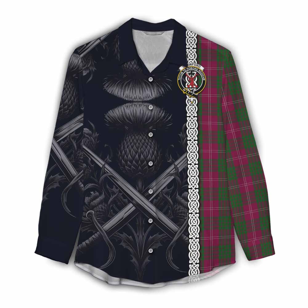 Tartan Vibes Clothing Crawford Tartan Women's Casual Shirt with Family Crest Cross Sword Thistle Celtic Vibes
