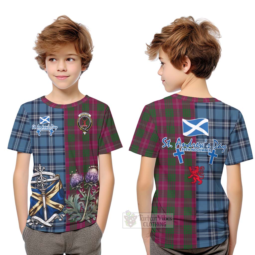 Tartan Vibes Clothing Crawford Tartan Kid T-Shirt Happy St. Andrew's Day Half Tartan Style