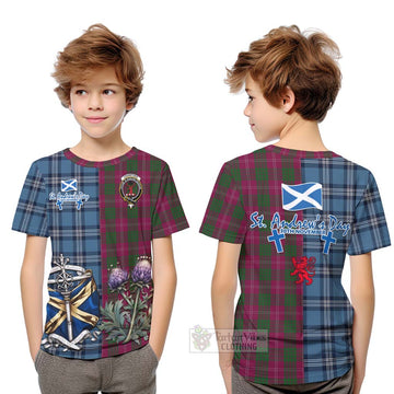 Tartan Vibes Clothing Crawford Tartan Kid T-Shirt Happy St. Andrew's Day Half Tartan Style