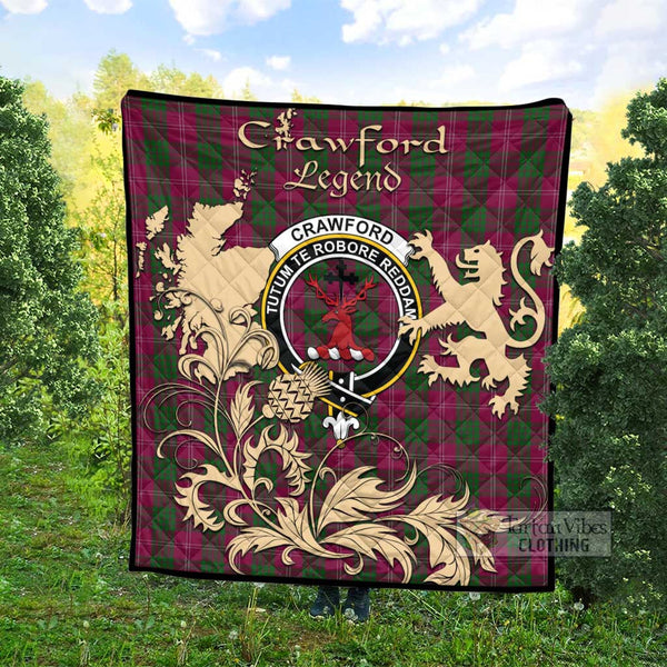 Crawford Tartan Quilt with Family Crest and Scottish Symbol Style Super King Quilt 91" x 110" - Tartan Vibes Clothing