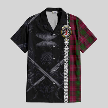 Tartan Vibes Clothing Crawford Tartan Short Sleeve Button Shirt with Family Crest Cross Sword Thistle Celtic Vibes