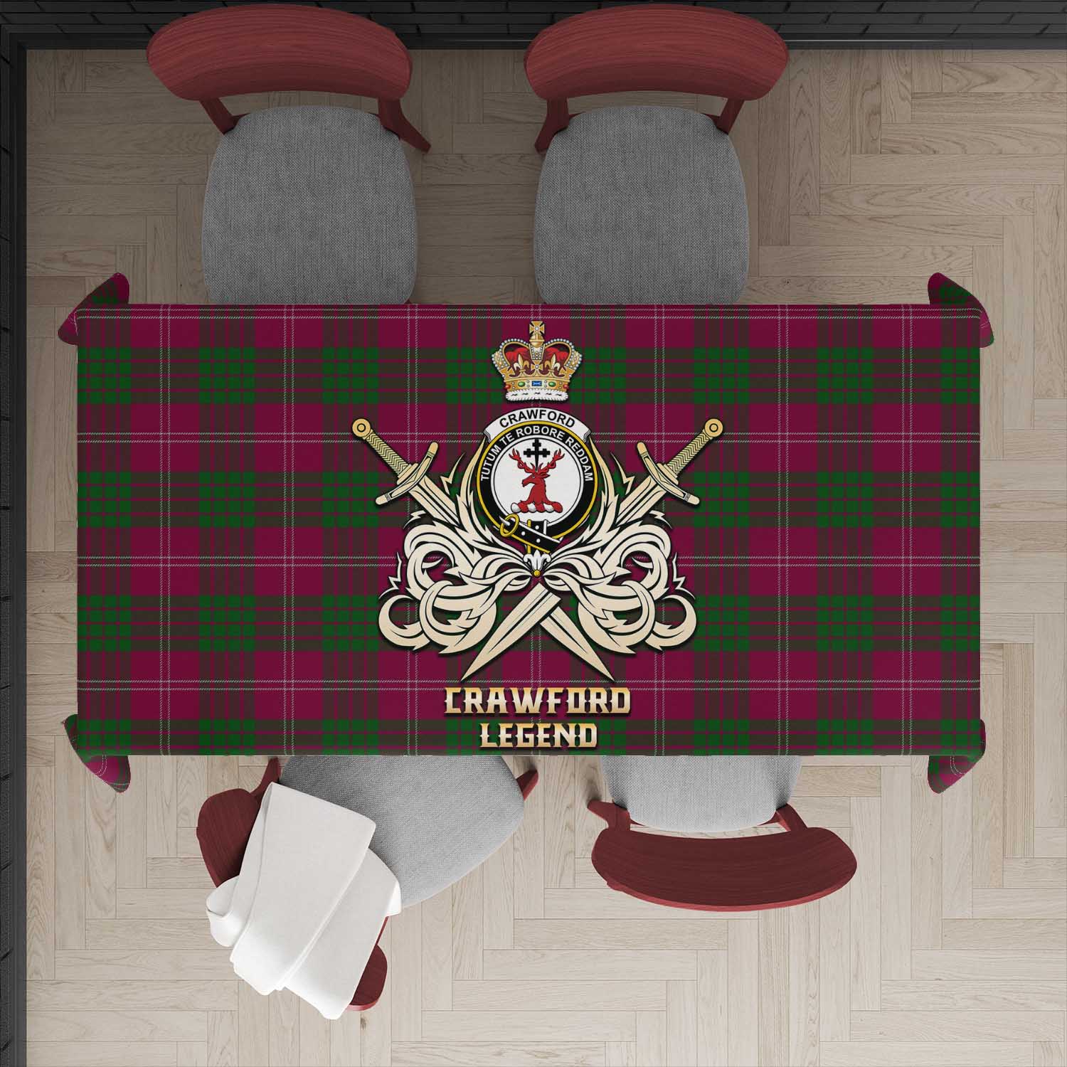 Tartan Vibes Clothing Crawford Tartan Tablecloth with Clan Crest and the Golden Sword of Courageous Legacy