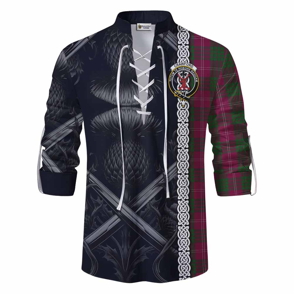 Tartan Vibes Clothing Crawford Tartan Ghillie Kilt Shirt with Family Crest Cross Sword Thistle Celtic Vibes