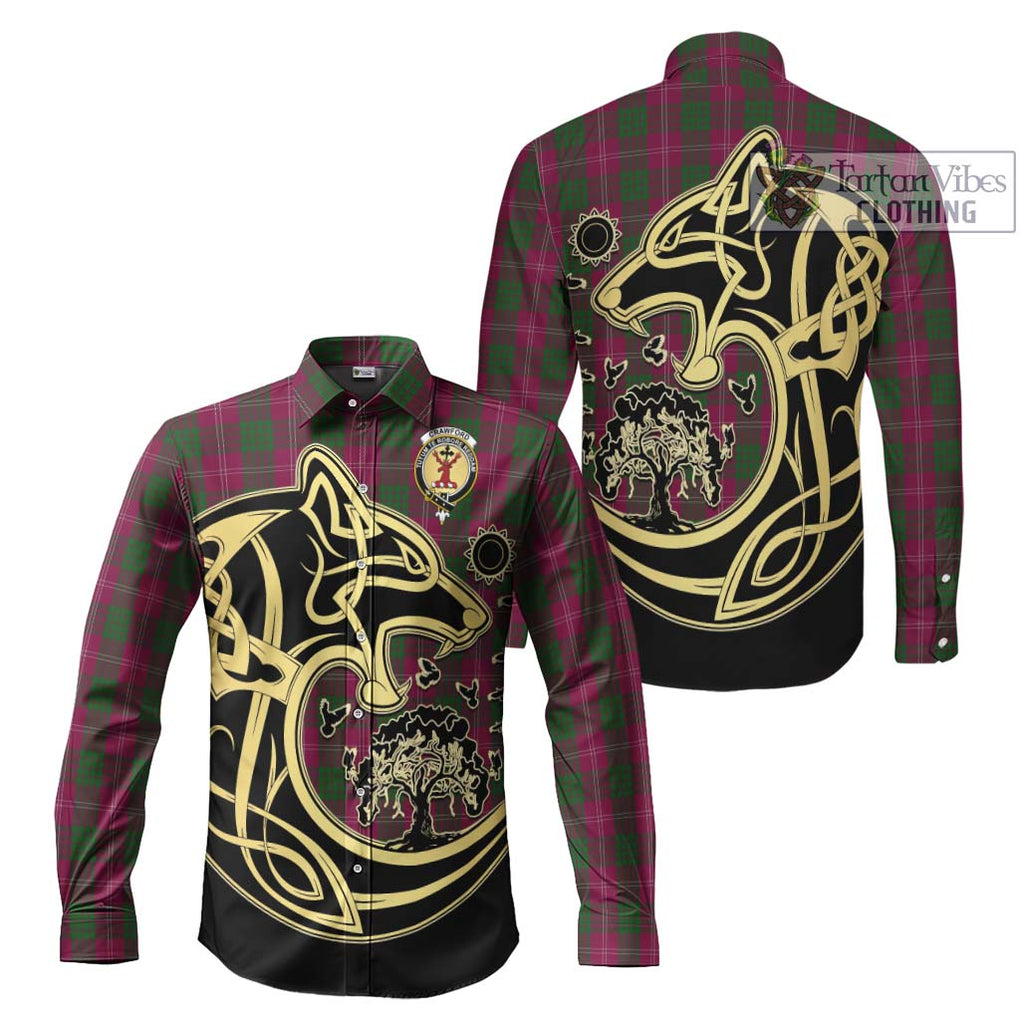Crawford Tartan Long Sleeve Button Shirt with Family Crest Celtic Wolf Style Men's Shirt S - Tartan Vibes Clothing