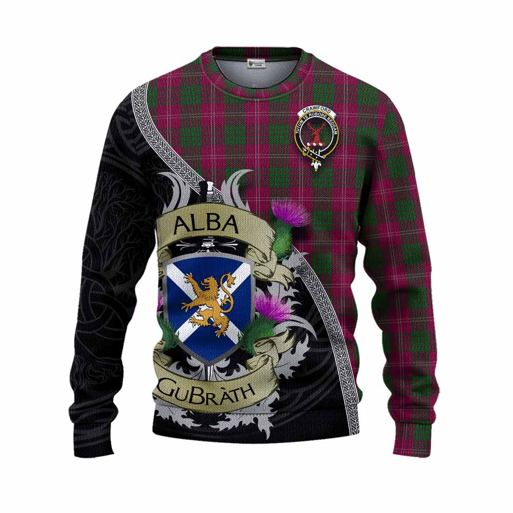 Tartan Vibes Clothing Crawford Tartan Family Crest Knitted Sweater Lion Rampant Royal Thistle Shield Celtic Inspired